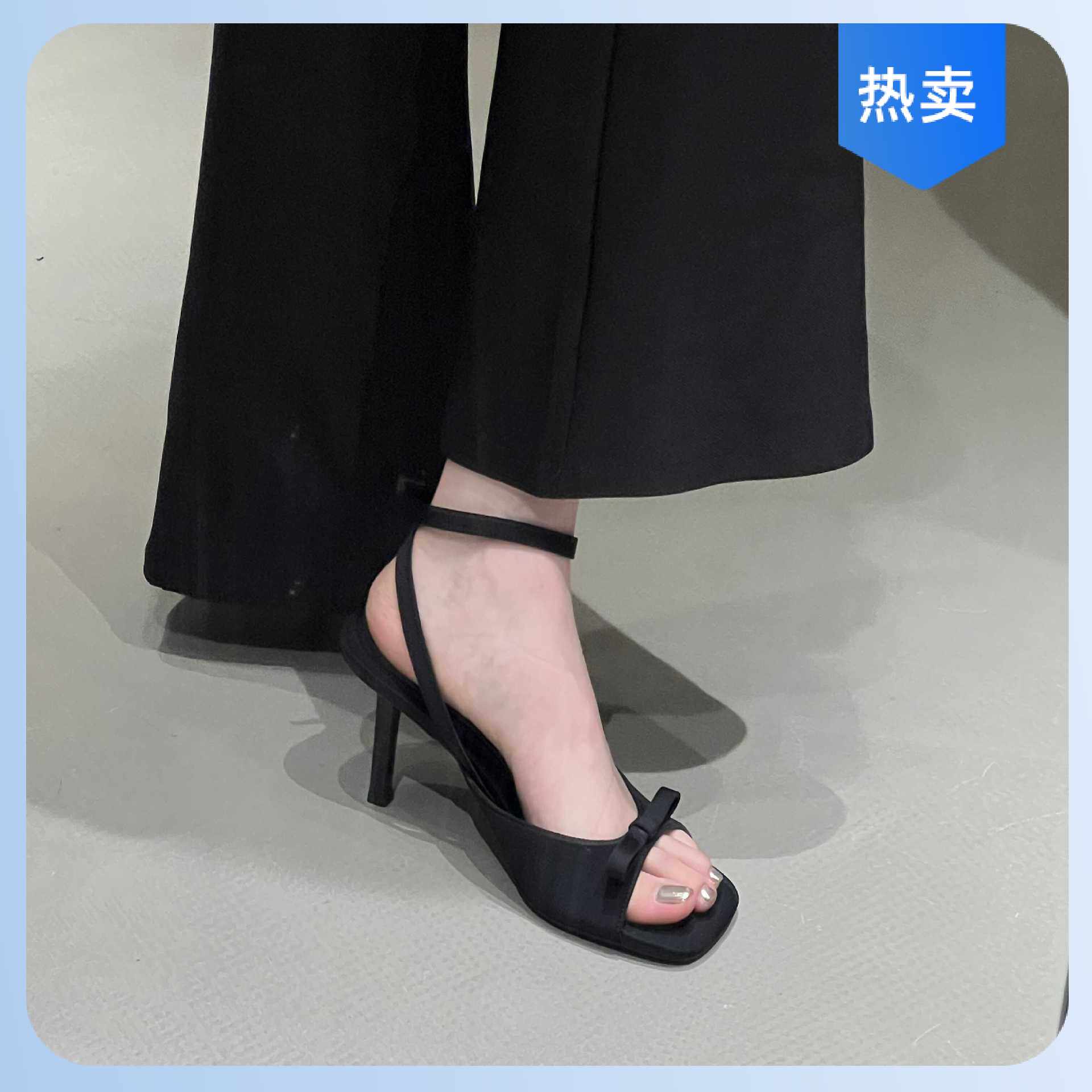 高跟细跟绊带凉鞋凉拖鞋绸缎脚腕女露趾银色蝴蝶结气质