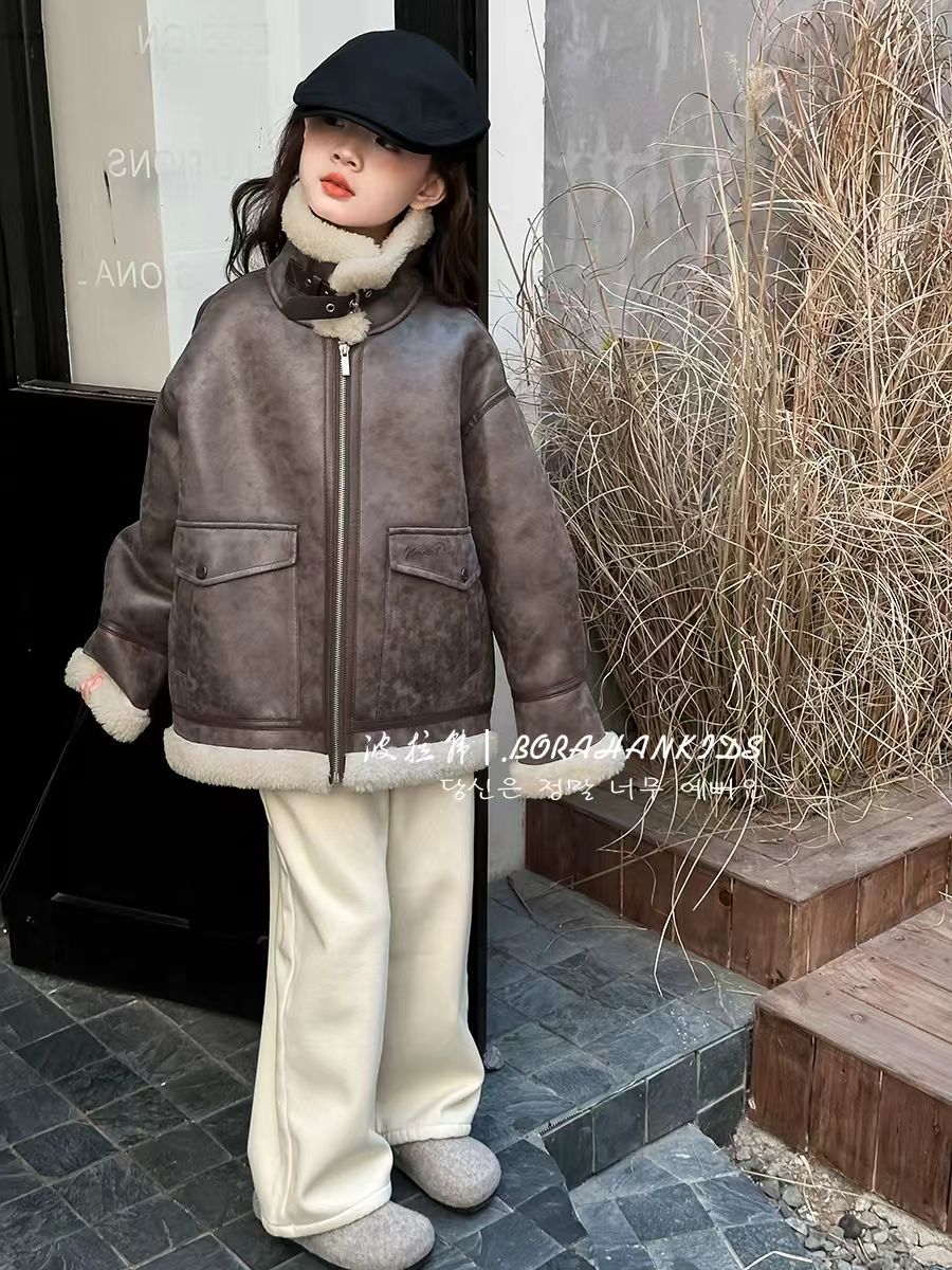 BORAHANKIDS尊上-皮毛一体2025儿童酷飒痞帅皮衣皮毛一体夹克衫
