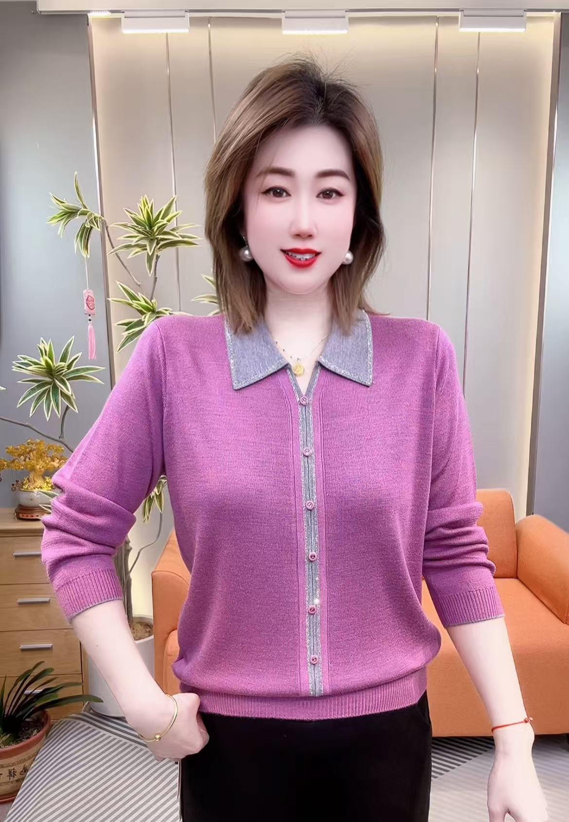 新款高档时尚轻奢拼色翻领九分袖假开衫26-005