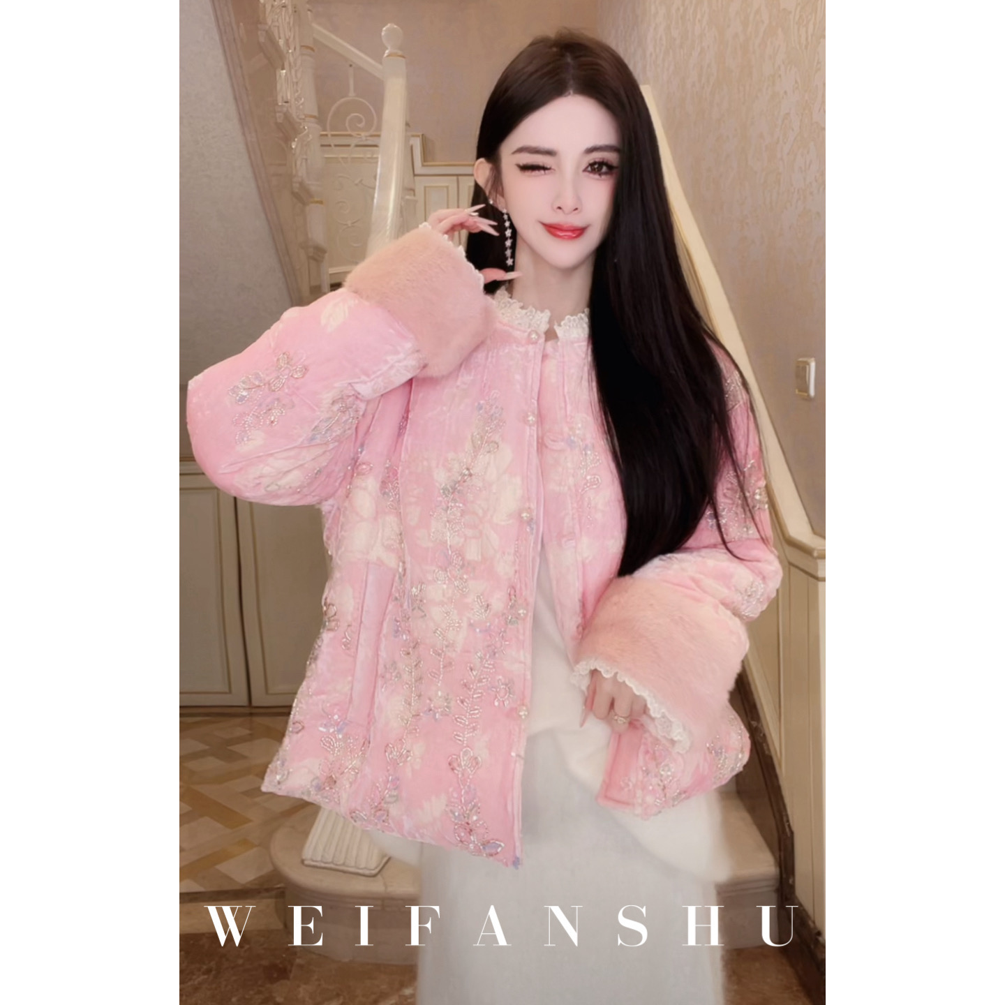 WEIFANSHU/魏凡舒【锦衣玉食】冬季新款新中式90白鹅绒拼水貂外套