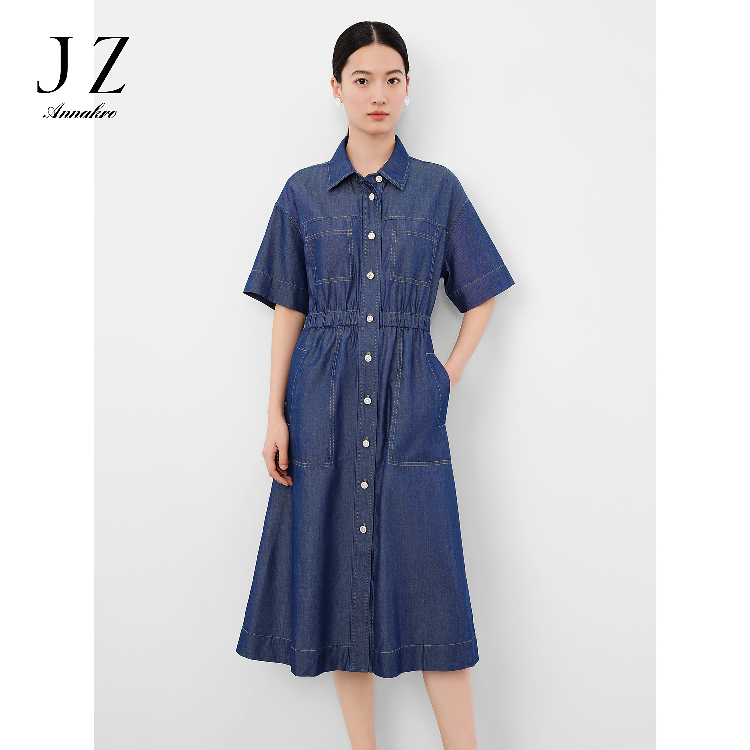 玖姿安娜蔻【星线好物】JTEX50019莱赛尔牛仔收腰垂坠连衣裙女夏季