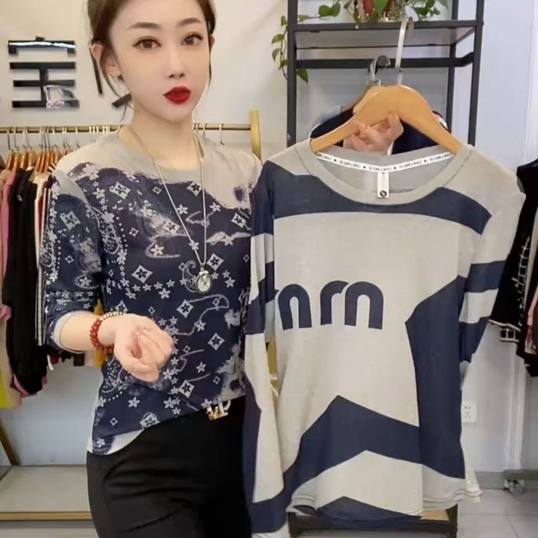 2025夏季新款拼色印花打底长袖时尚洋气显瘦百搭上衣T恤套头