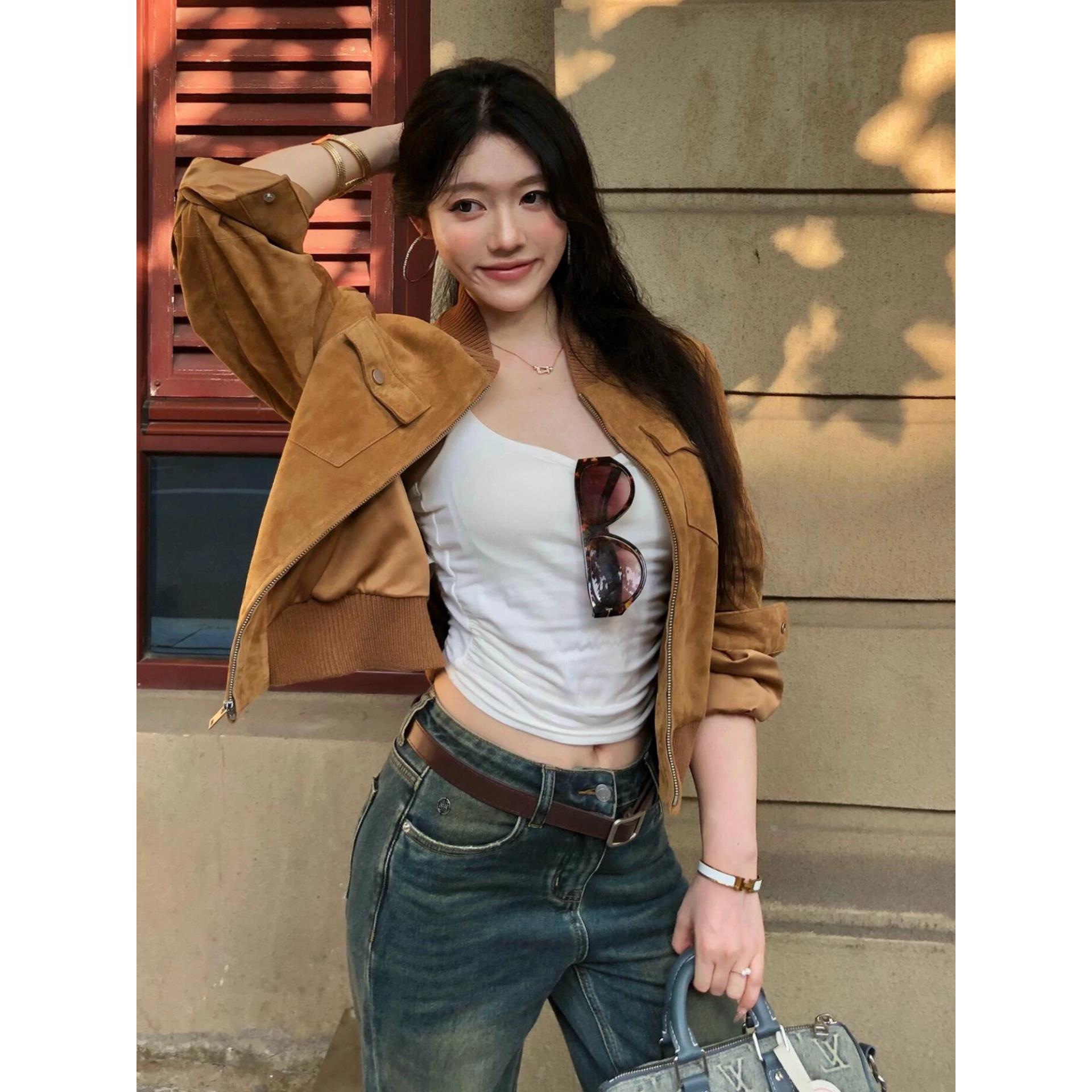 Garish/花里胡哨 焦糖可颂美拉德休闲宽松麂皮夹克覆古设计感外套