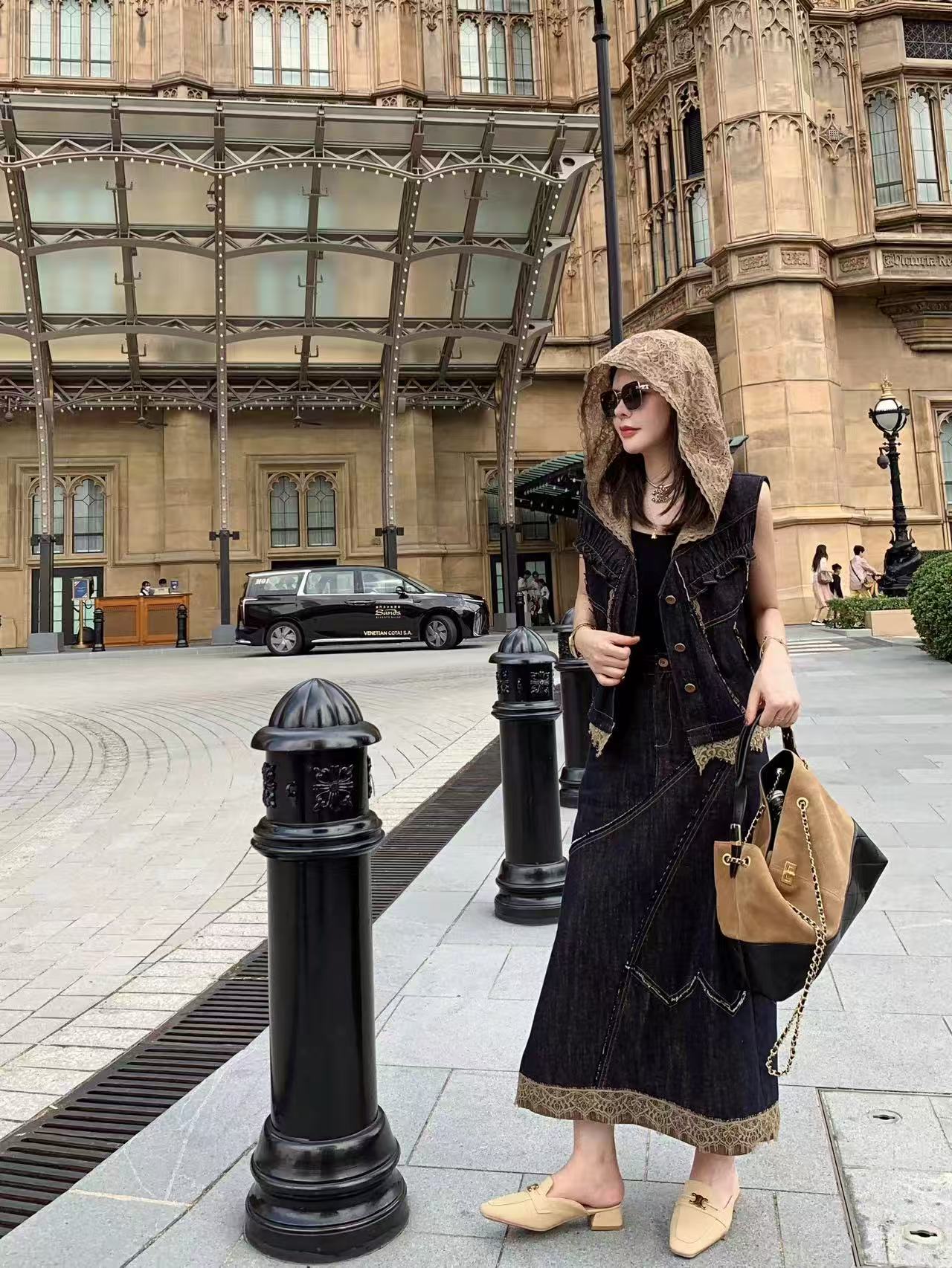 D0011休闲风复古时尚套装显瘦洋气针织通勤风收腰牛仔拼接