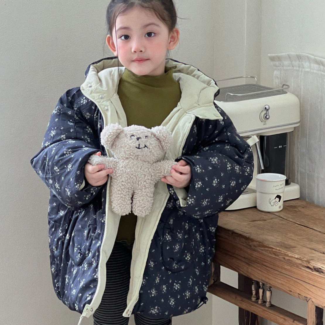 女童两面穿棉衣韩系碎花加厚外套儿童高品质手塞棉中长款保暖棉服