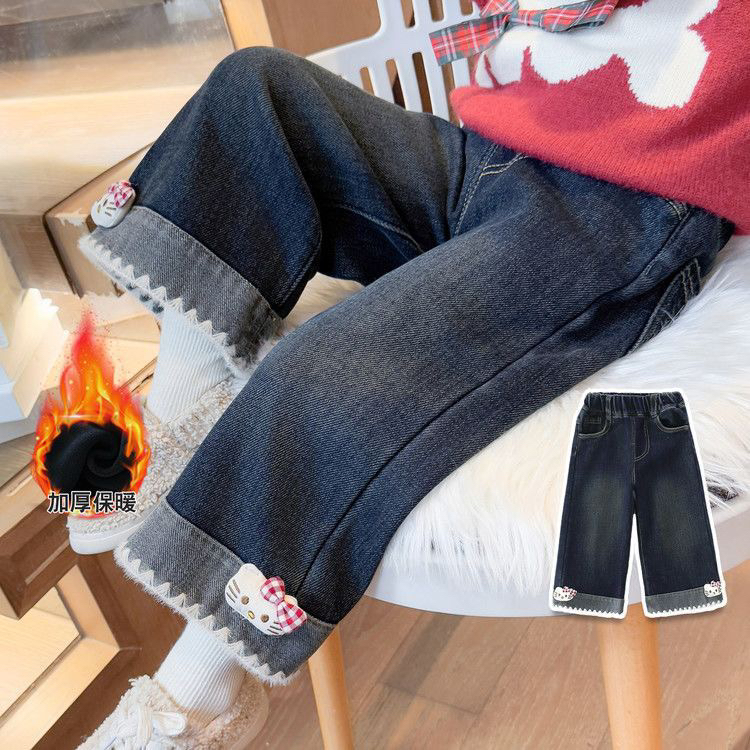 女童加绒牛仔裤冬季2025年新款冬款儿童一体绒裤子宝宝冬装直筒裤