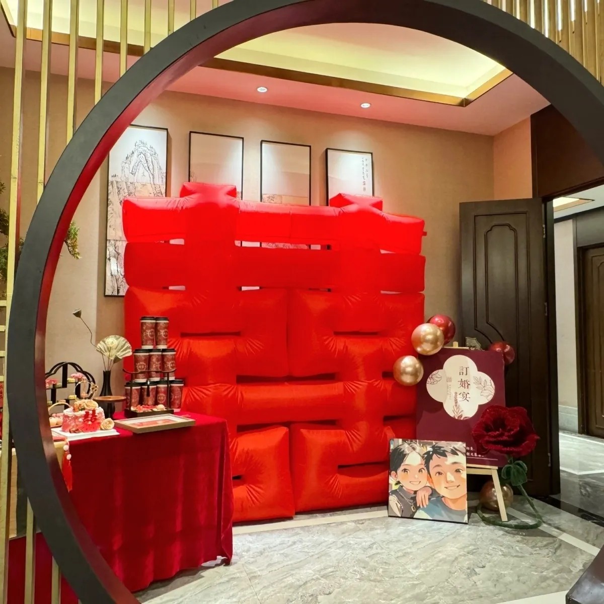 新婚充气红金拱房间门婚庆布景龙凤双喜字大红背景墙背景