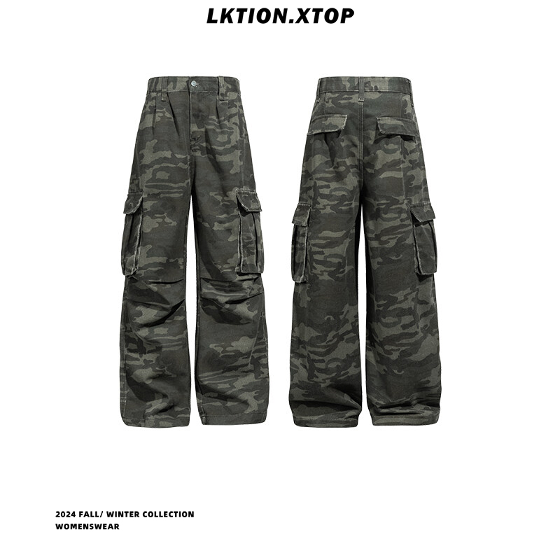 LK正品 痞帅潮美式迷彩复古多口袋街头嘻哈休闲工装长裤男女同款