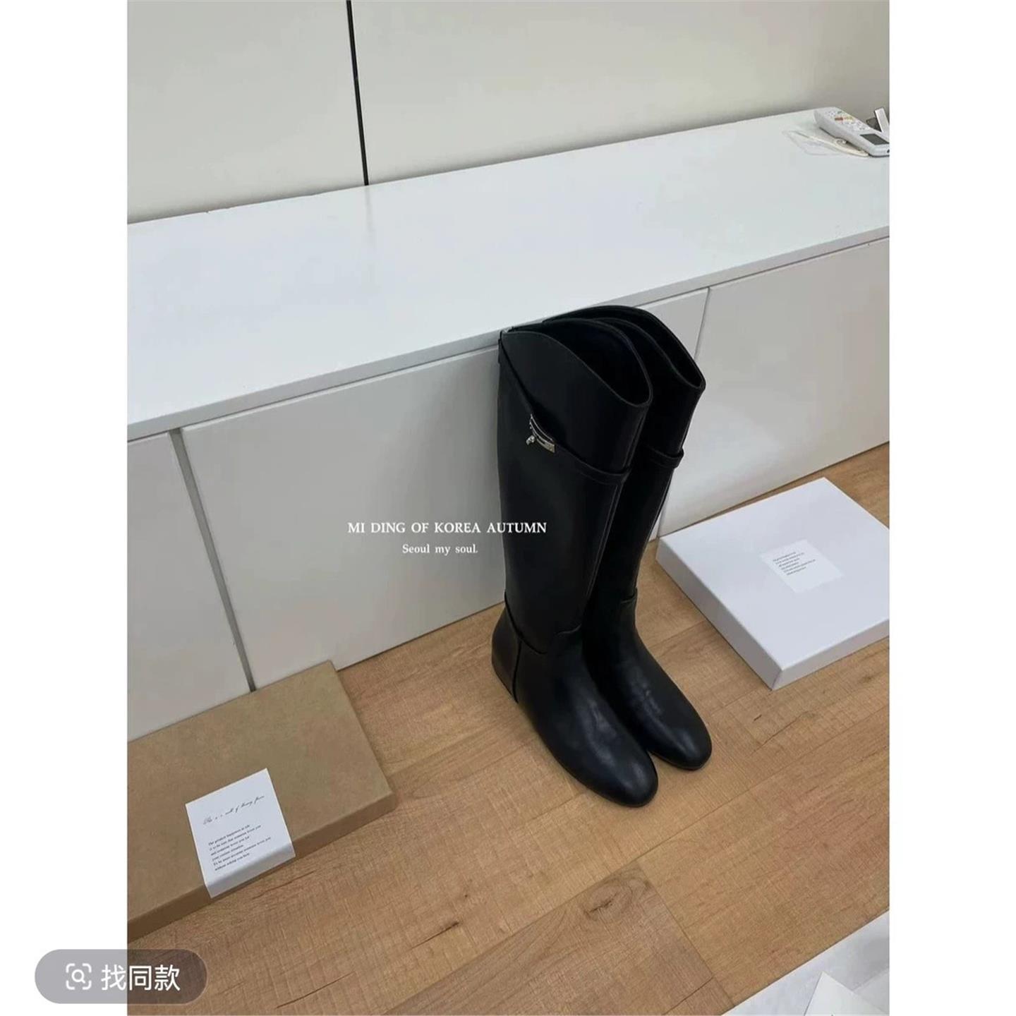 MIDING米町韩版百搭圆头粗跟高筒骑士靴女不过膝斜口显瘦长靴