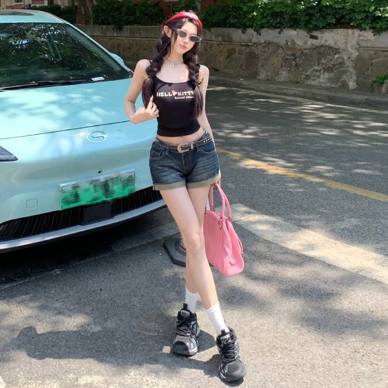 美式复古辣妹翻边低腰牛仔短裤夏季女