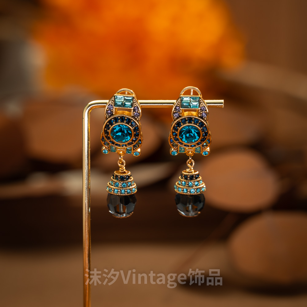 铜合金仿水晶耳饰 中古复刻BlueCrystal耳钉回流杂志款宫廷风耳饰