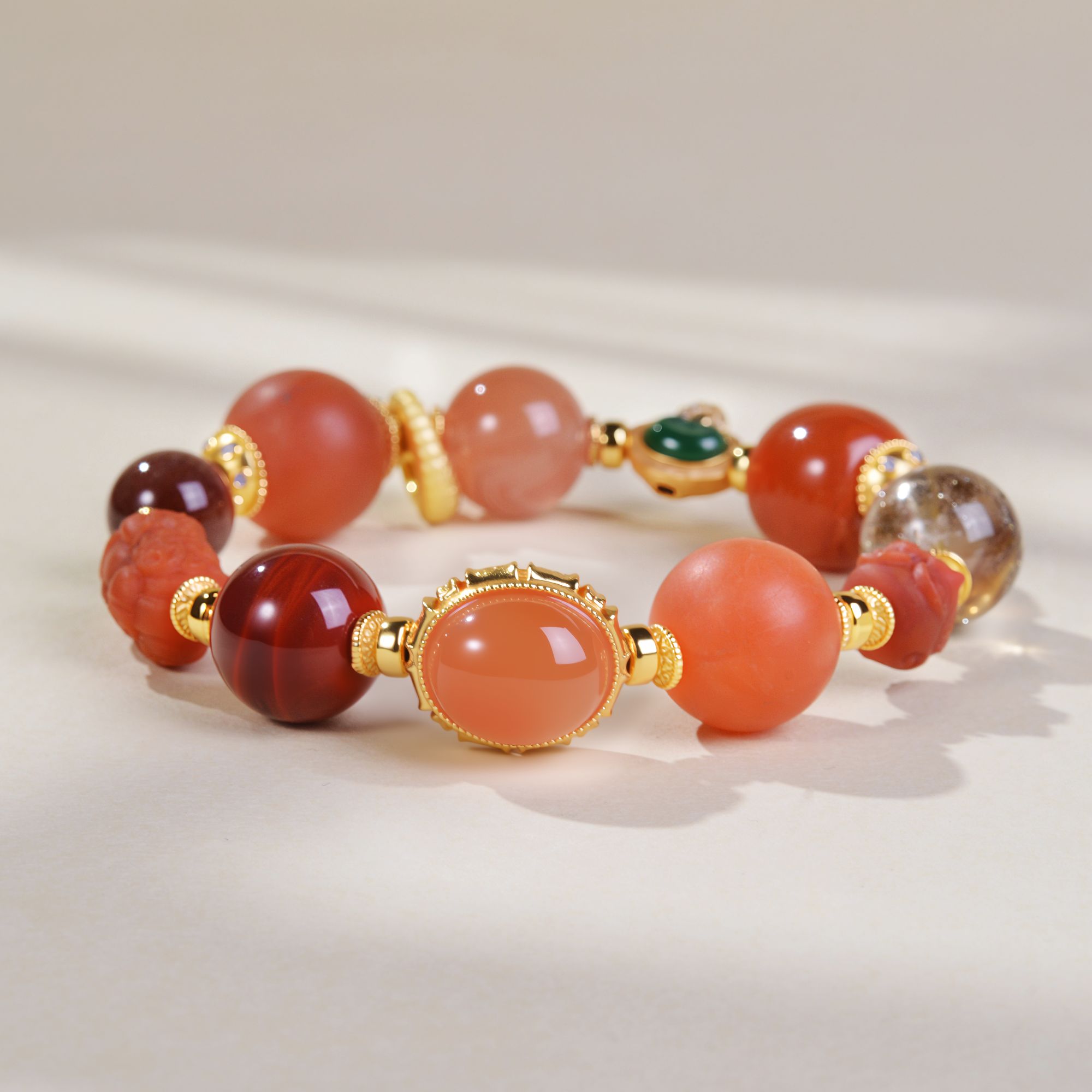 南红玛瑙15mm红发晶金发晶翡翠多宝手链