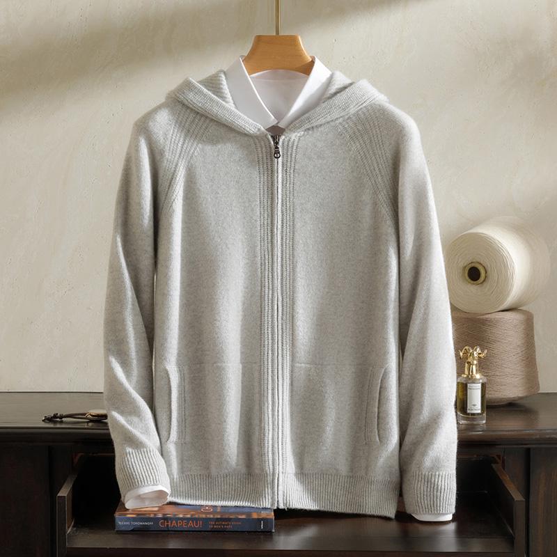 LP系列！连帽羊绒衫男开衫外套双股加厚保暖100%纯羊绒毛衣带帽衫