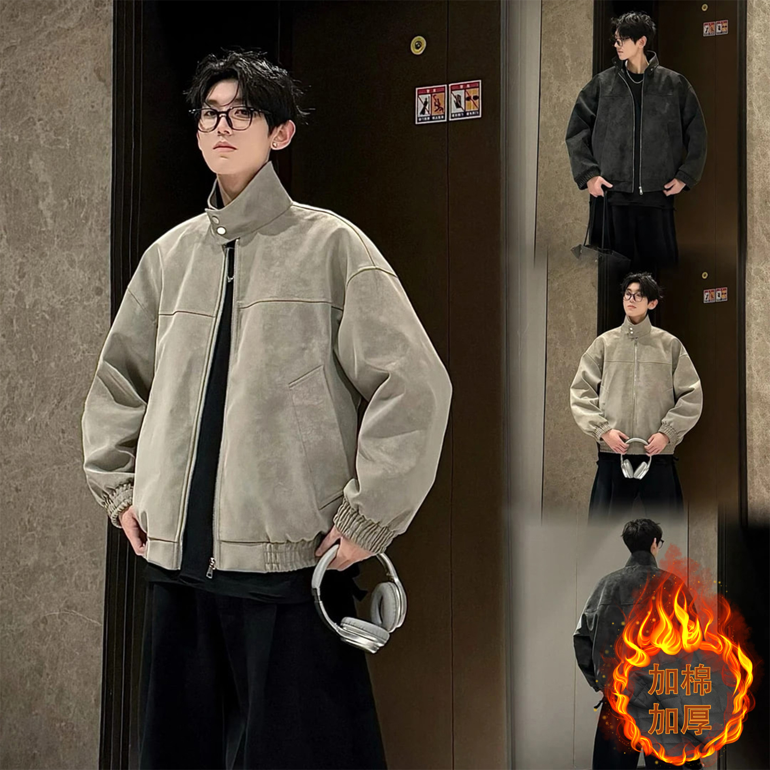 扎染pu皮衣短款外套男士重磅立领美式皮棉衣棒球服cleanfit皮夹克