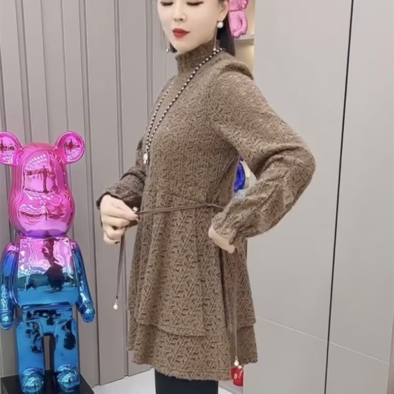 春秋时尚蕾丝半高领连衣裙打底气质保暖冬季洋气时尚百搭网红