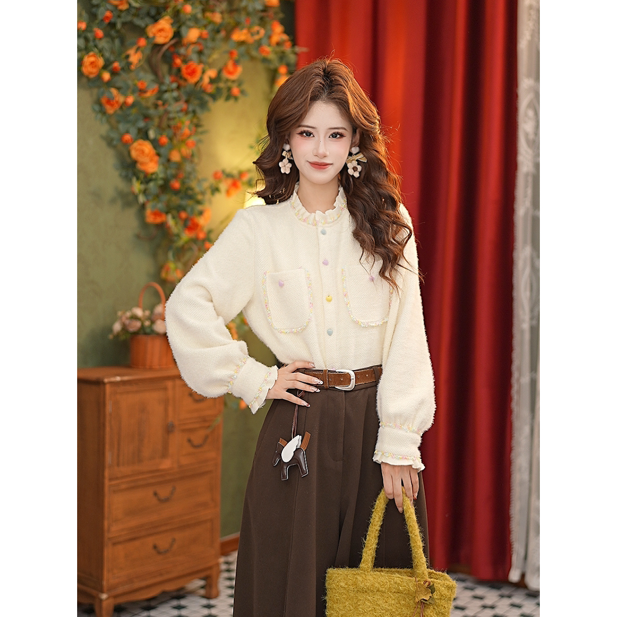 DaYuanSAD张嘉圆【绵松】杏色独特设计感超好看衬衫女冬上衣#G15268