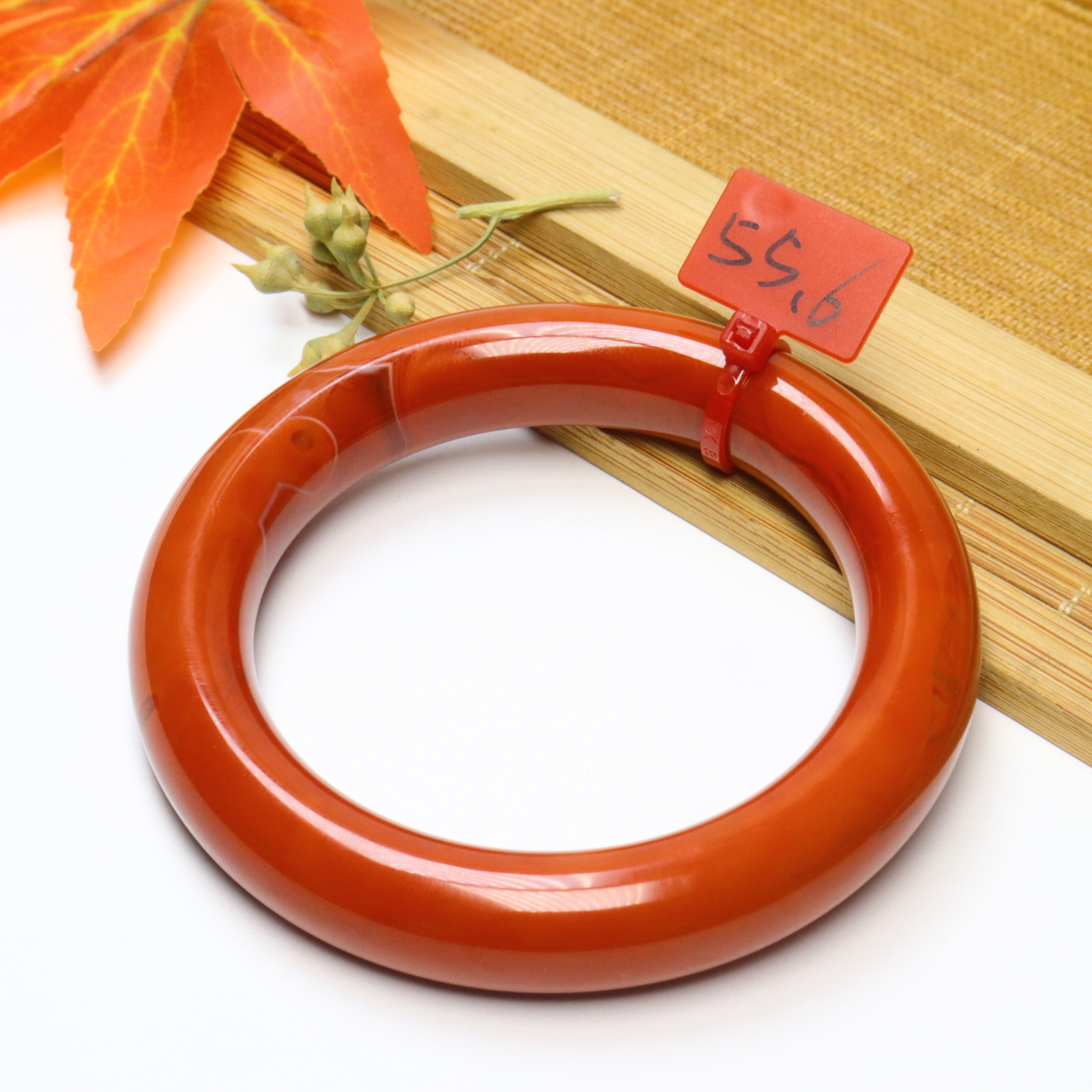 川料收藏级南红满色满肉柿子红锦红圆条手镯55圈细润条宽11.3mm