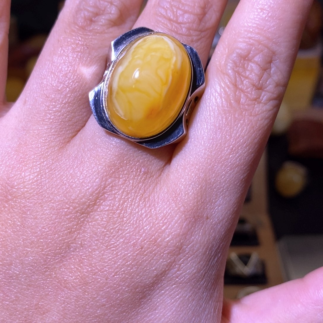 蜜蜡戒指银S925镶嵌牧*