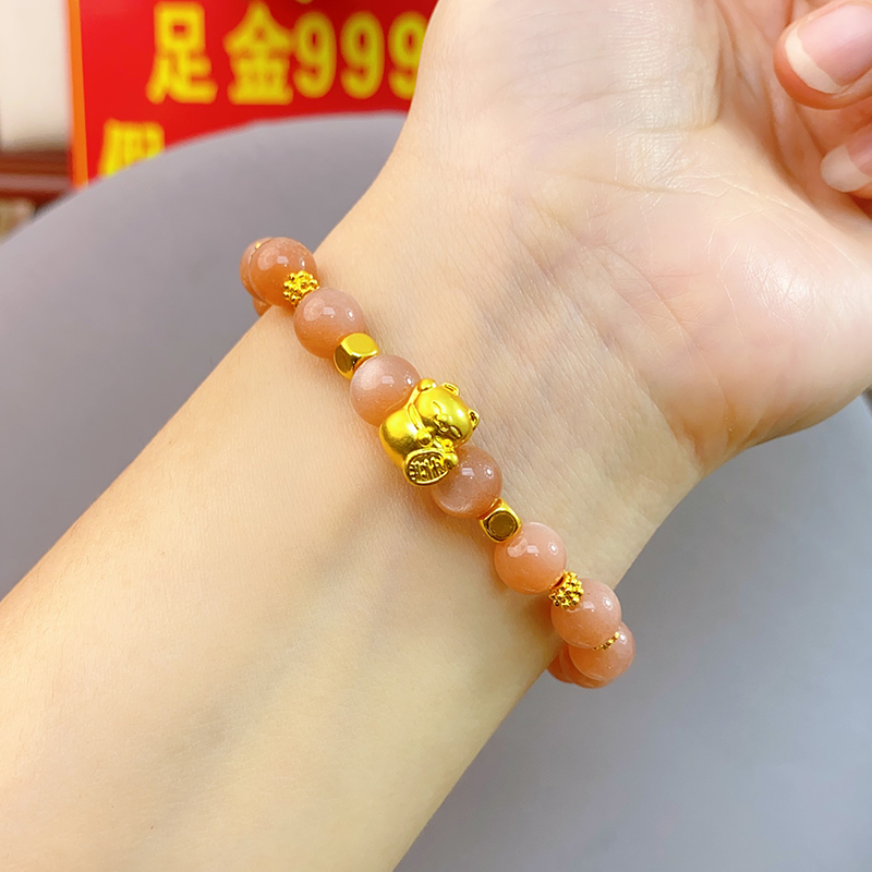 足金999招财猫手链日光石时尚轻奢太阳石手串方糖雪花5D硬金工艺