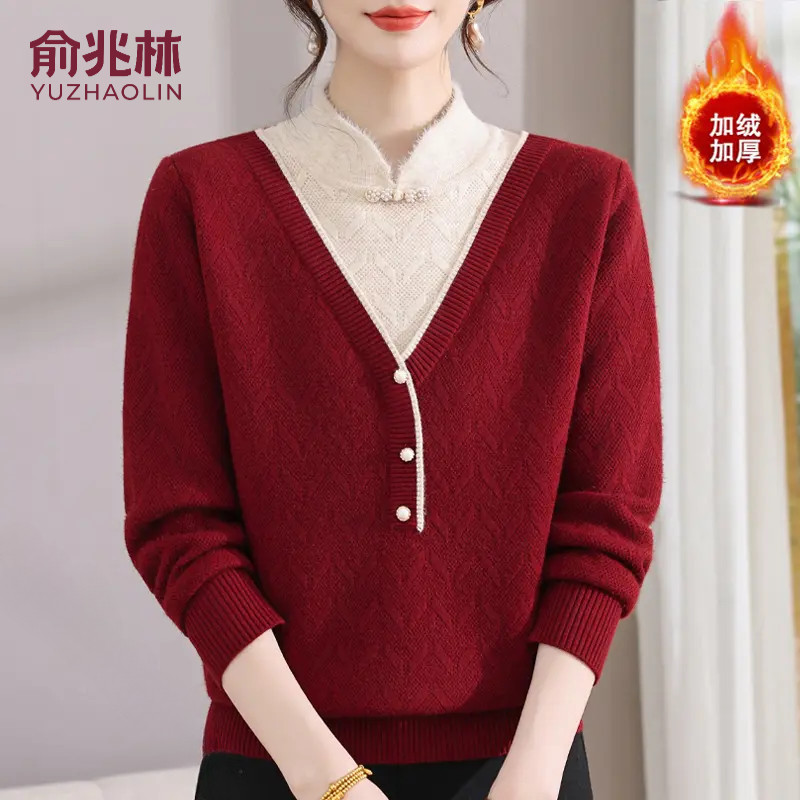 俞兆林妈妈装秋冬季加绒加厚旗袍领毛衣2025新款中老年女保暖上衣