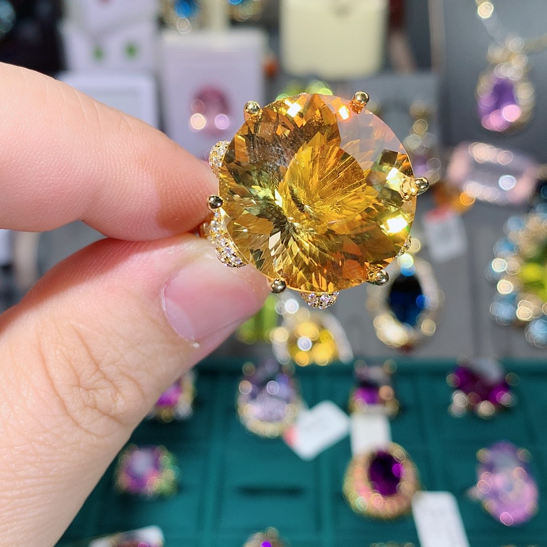 黄晶戒指银S925镶嵌艺*戒指