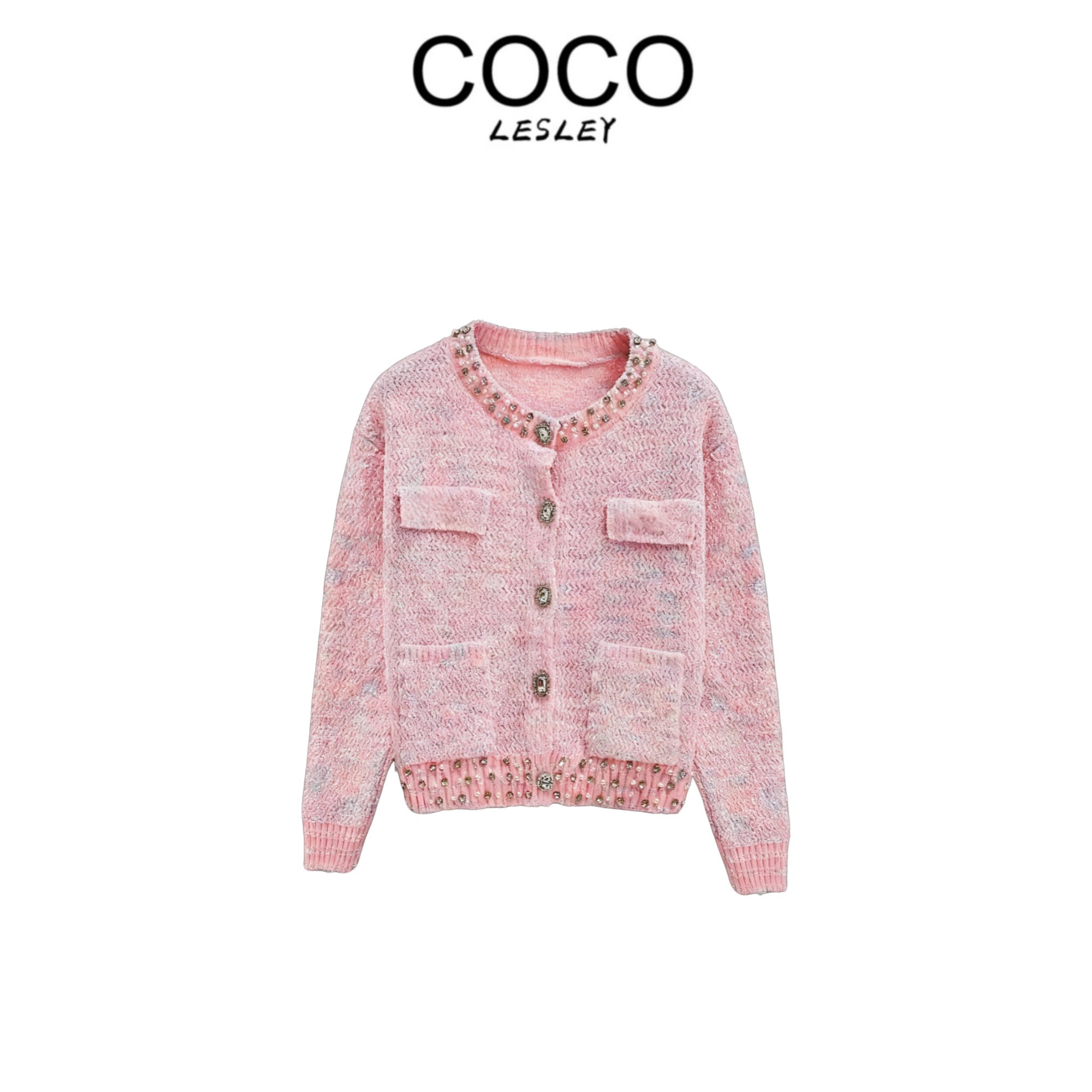 【COCO LESLEY】秋冬新款F法式重工浅粉温柔感针织625号