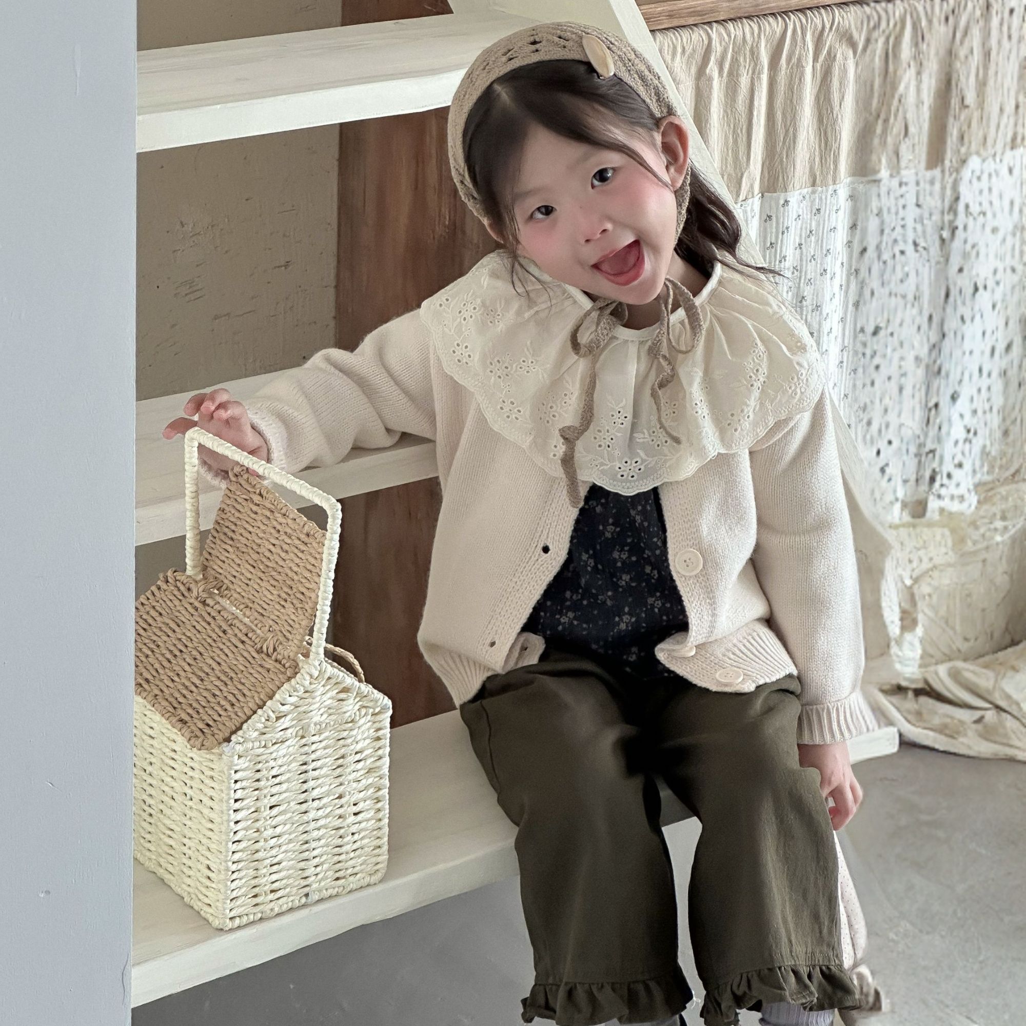 毛衣开衫套装新款甜美碎花春秋娃娃领长袖翻领花边韩版秋季童装