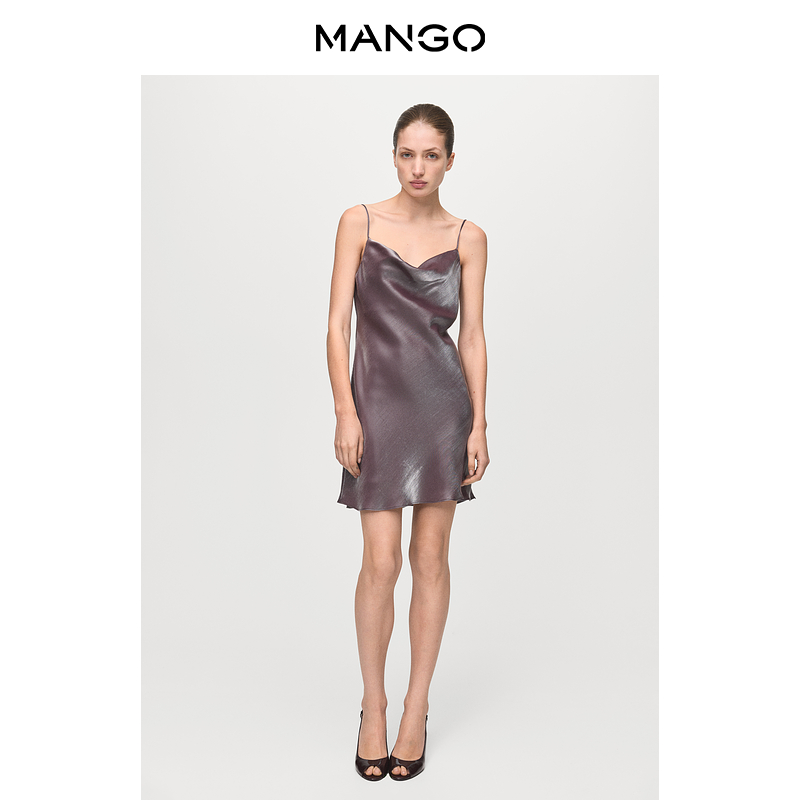 MANGO女装连衣裙2025冬装新款气质优雅缎面荡领吊带A字短款连衣裙
