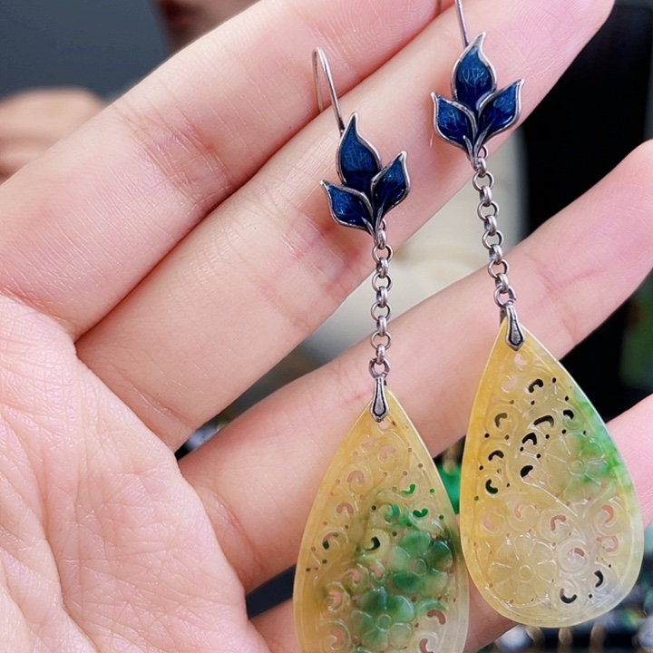 翡翠耳饰银S925镶嵌饰品