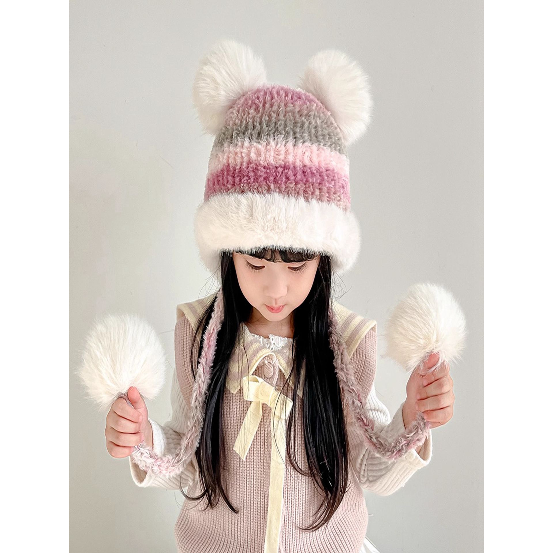 儿童帽子冬季女童加厚保暖防风护耳帽宝宝可爱毛球防寒针织套头帽