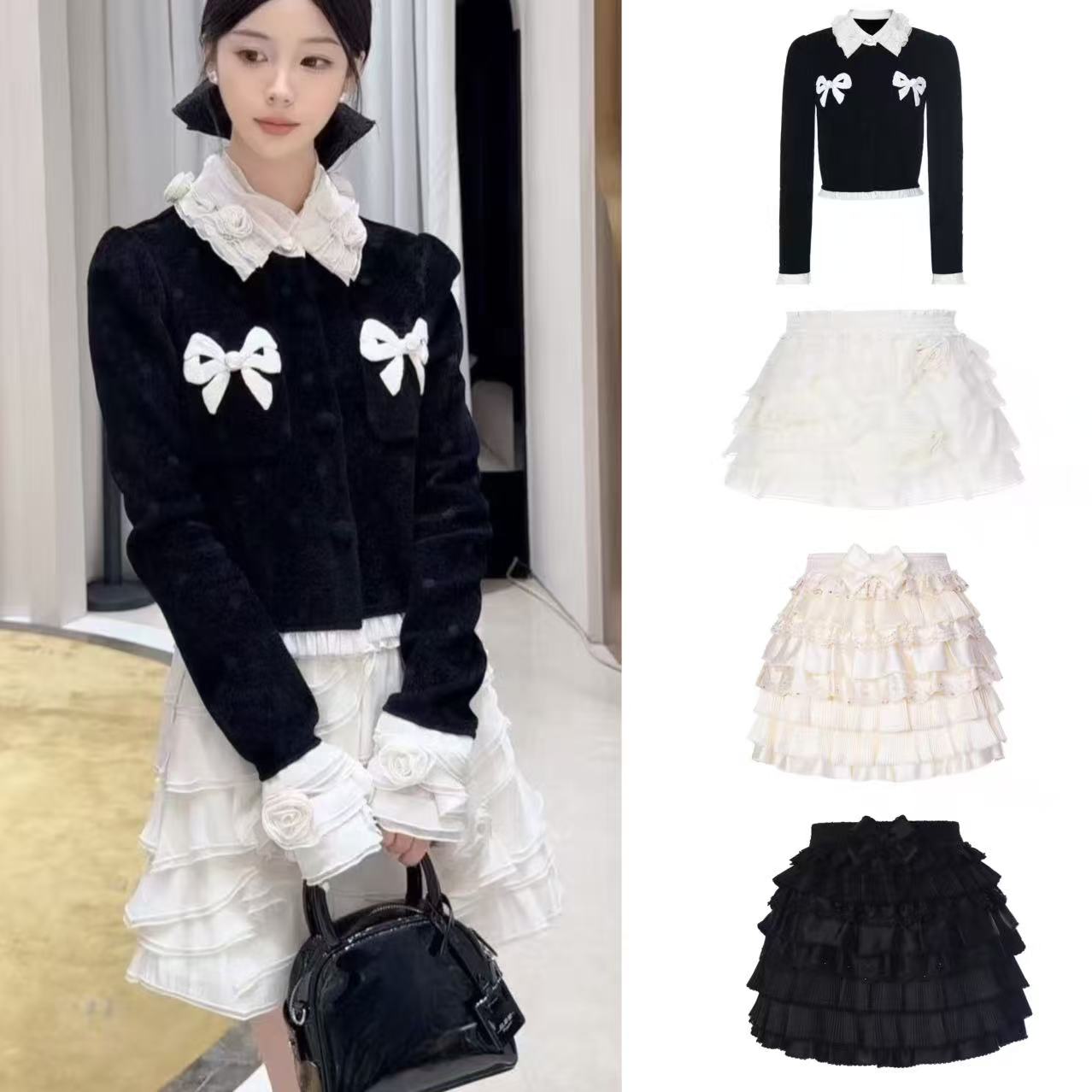 木子店黑色蝴蝶结花朵拼接上衣半裙