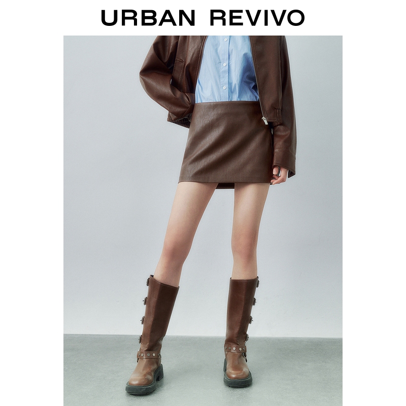 UR2025秋季新款女装摩登都市气质肌理PU短款半裙UYY550032+