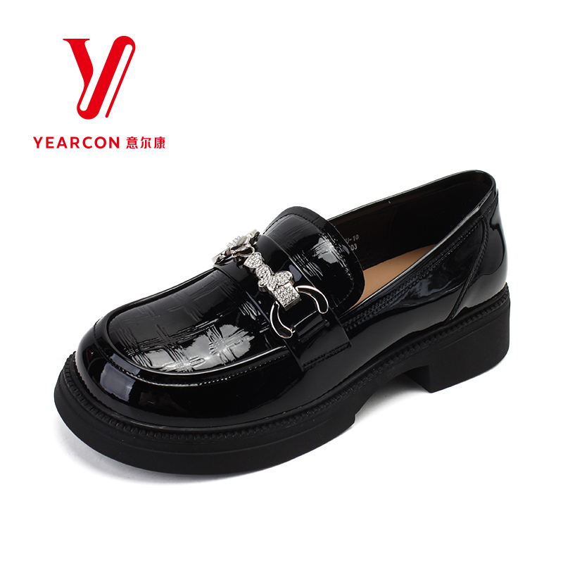 意尔康春季新款女鞋时尚百搭法式粗跟英伦风乐福鞋18106U