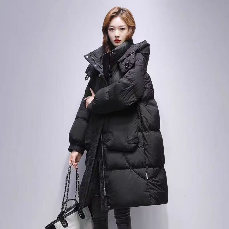A94#大口袋2024新款韩版中长款宽松加厚纯色连帽休闲保暖羽绒服