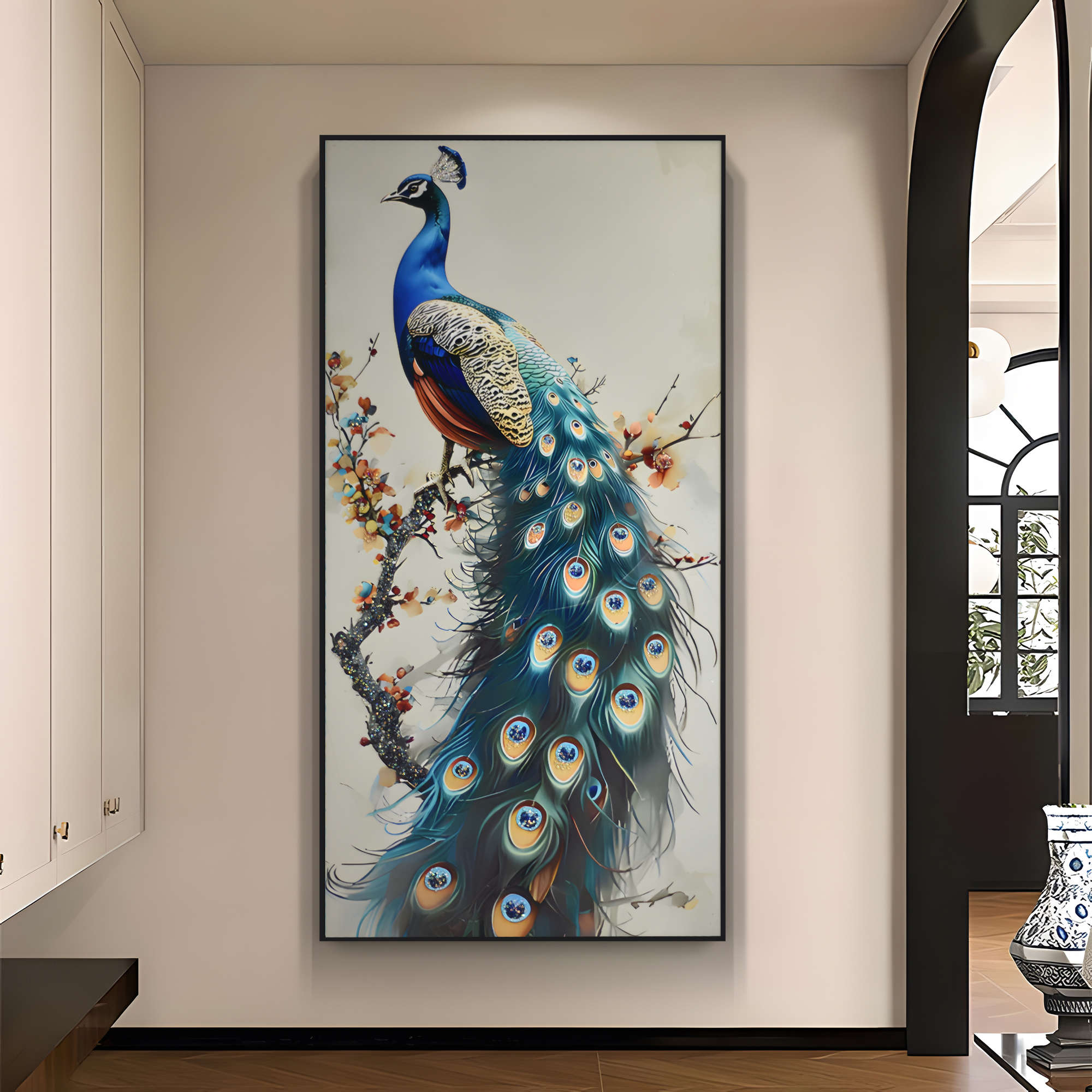 中国手工镶钻玄关入户装饰走廊挂画客厅客厅沙发墙挂画孔雀80160