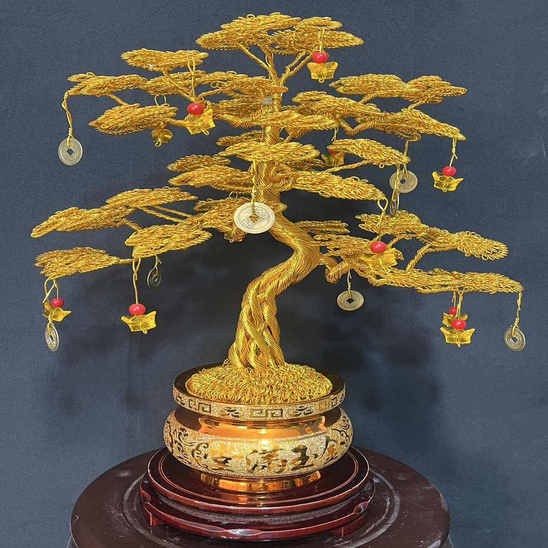 黄金迎客松发财树高43宽35厘米手工编织工艺品摆件