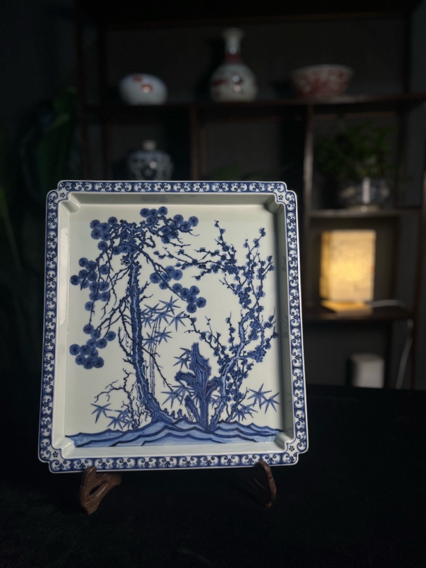 仿明青花全手工手绘干泡松竹梅方形缠枝茶盘花纹青花瓷托盘陶瓷