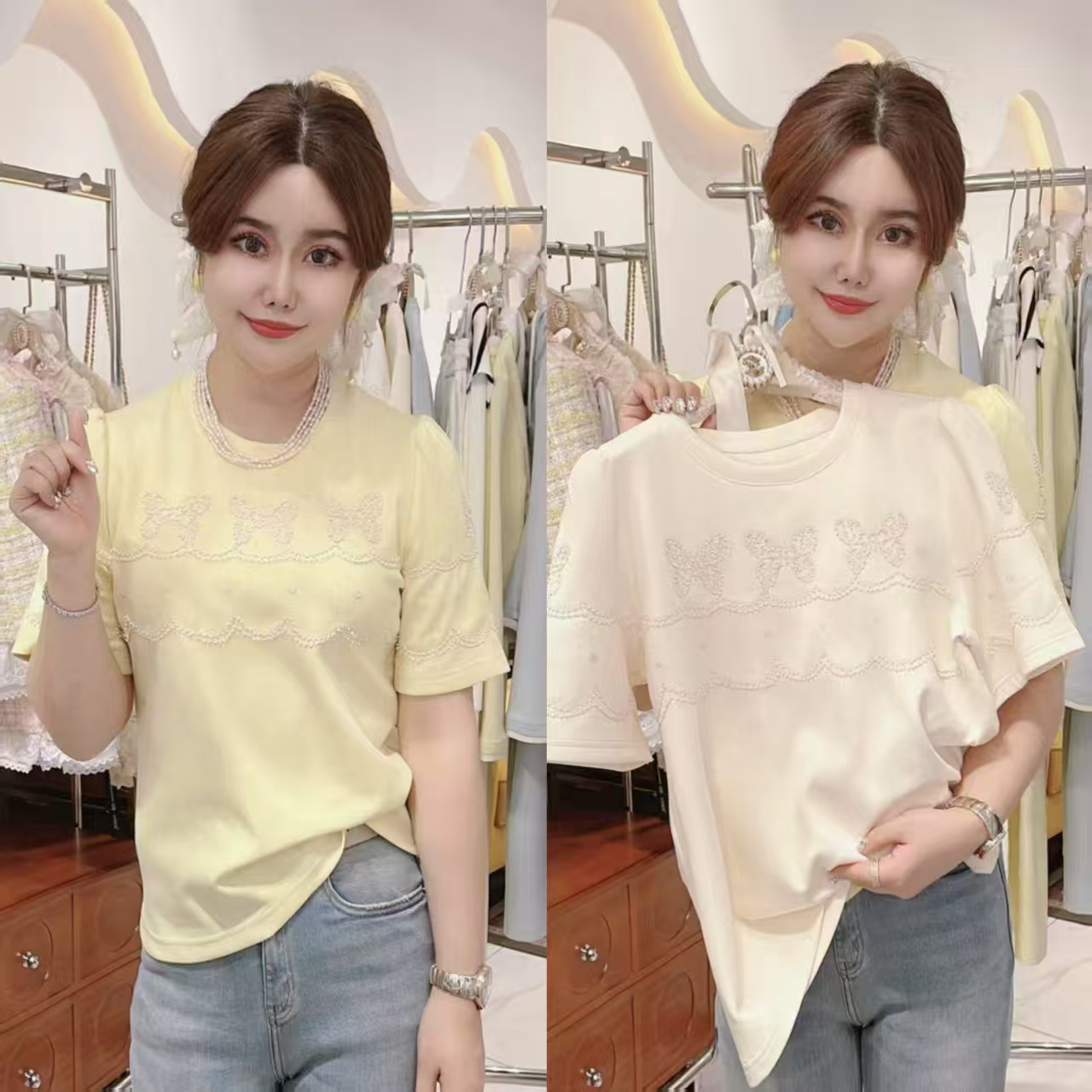 闺蜜精品020702【槐夏风清】刺绣蝴蝶结T恤短袖