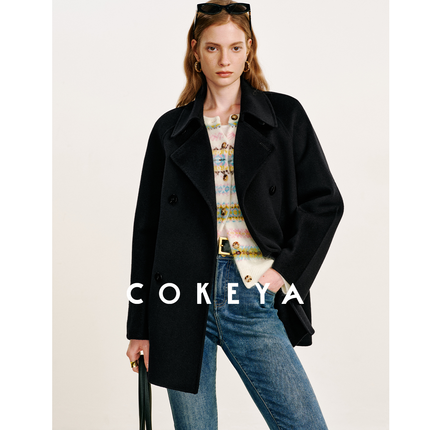 COKEYA/英伦周末~14.5微米小山羊绒短款翻领长袖大衣毛呢外套女冬