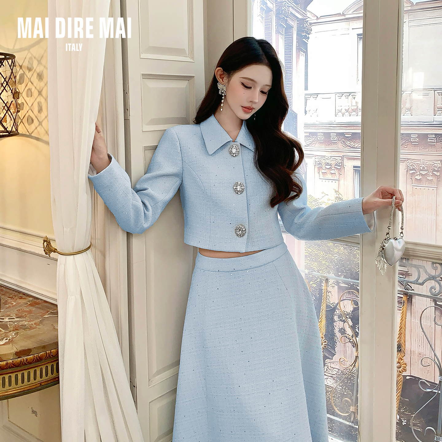 MAI DIRE MAI翻领钻扣亮片长袖外套高腰大摆半身裙套装女秋冬气质
