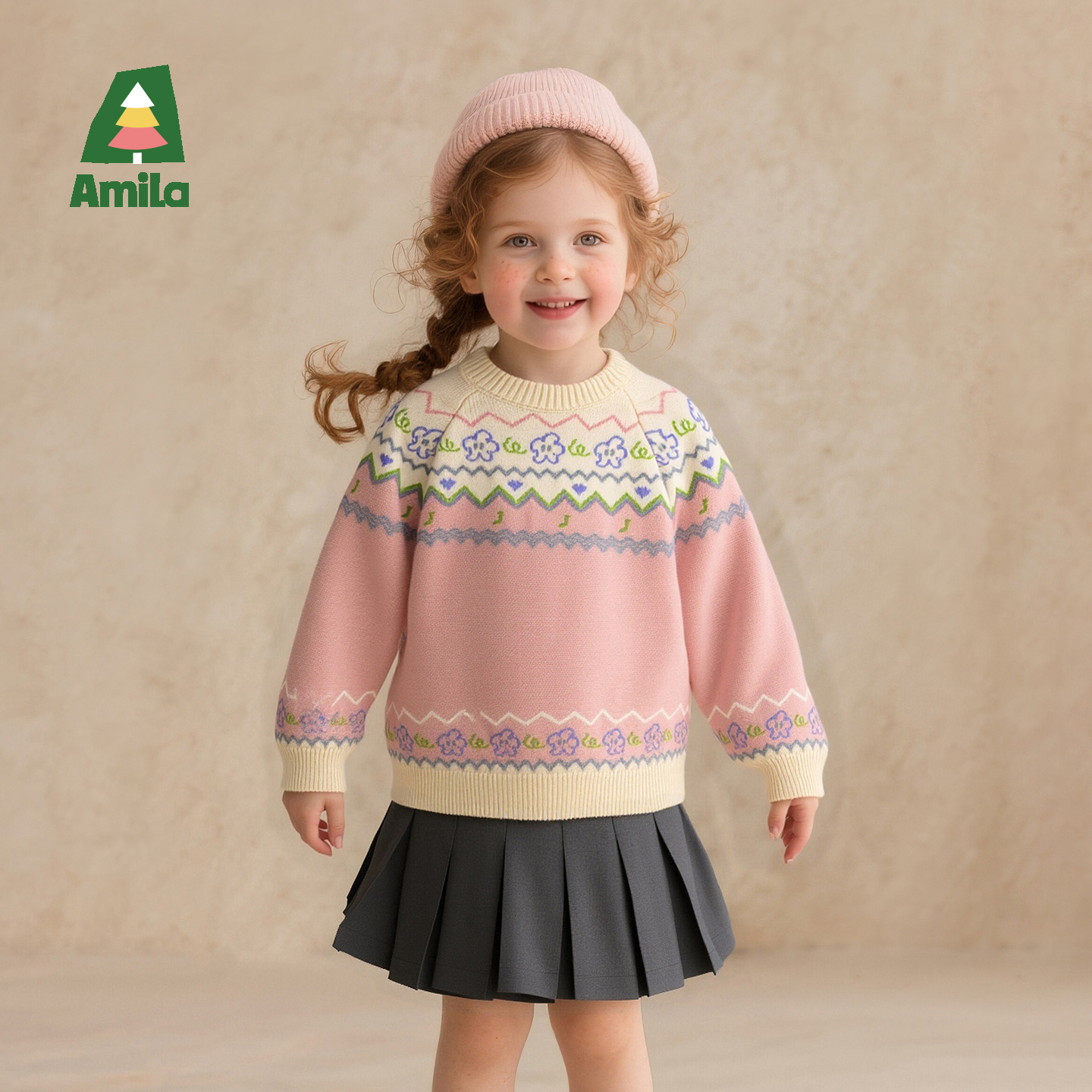 Amila啊咪啦2025秋季新款撞色贴肤甜美女童毛衣针织衫XQ5MY399