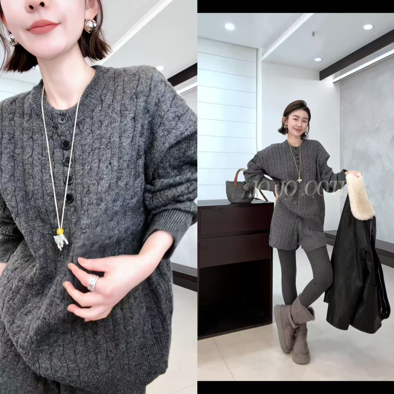 玖了个玖 2025冬款 极简百搭小圆扣半开领麻花针织套装 2512C8780