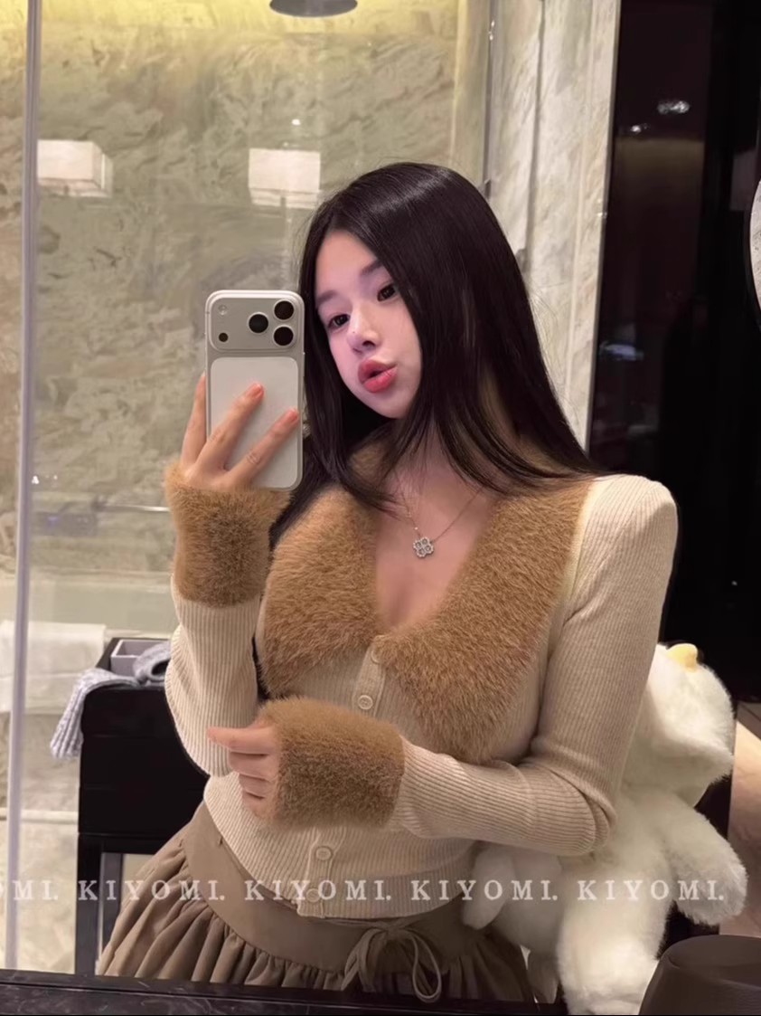 韩版纯欲风辣妹仿水貂毛拼接设计感大翻领贵气针织毛衣开衫上衣潮