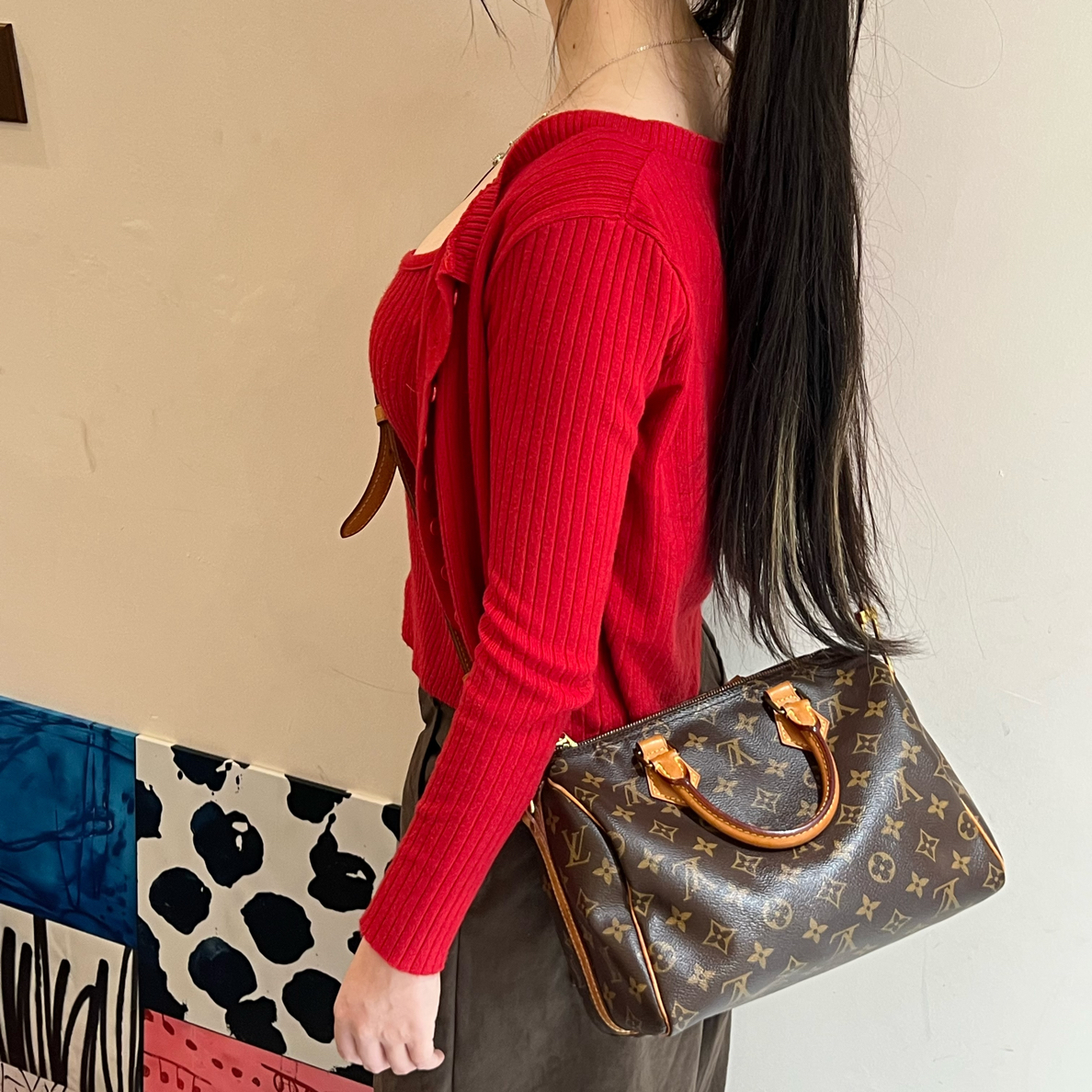 95新 LouisVuitton/路易威登 老花肩带款speedy25/斜挎包/单肩包