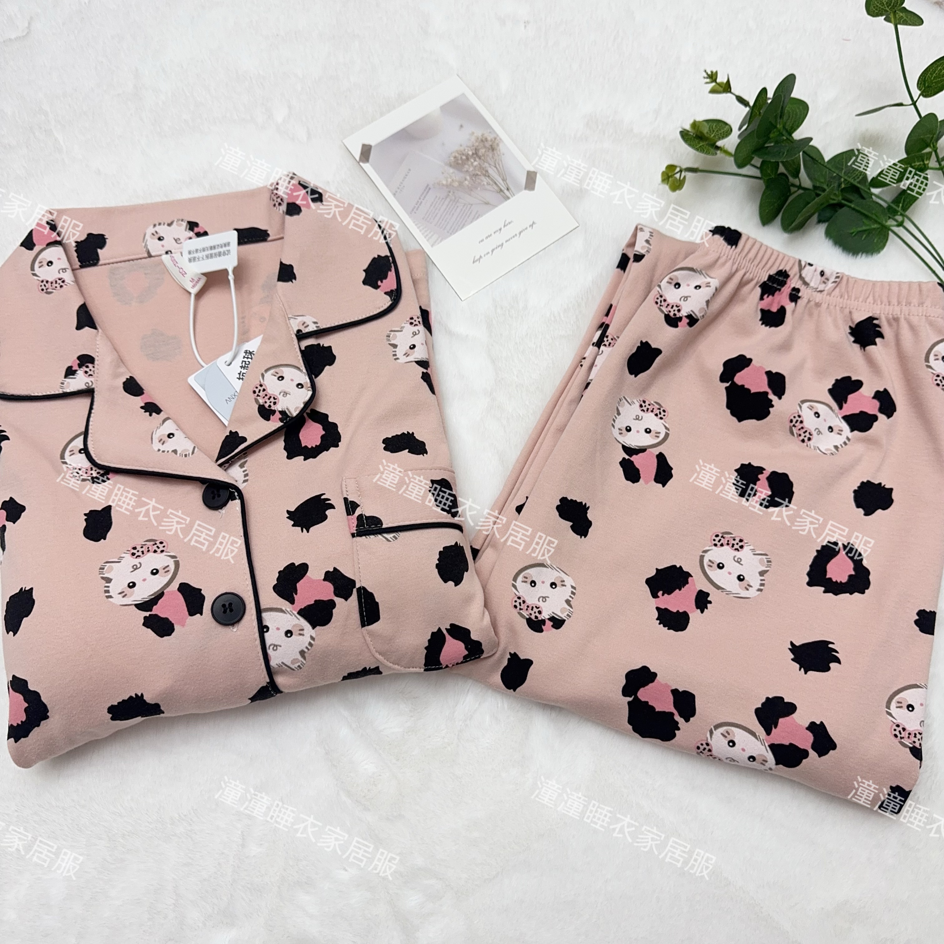 014#秋冬双面加厚100%纯棉豹纹高货女士长袖睡衣胸垫套装家居服