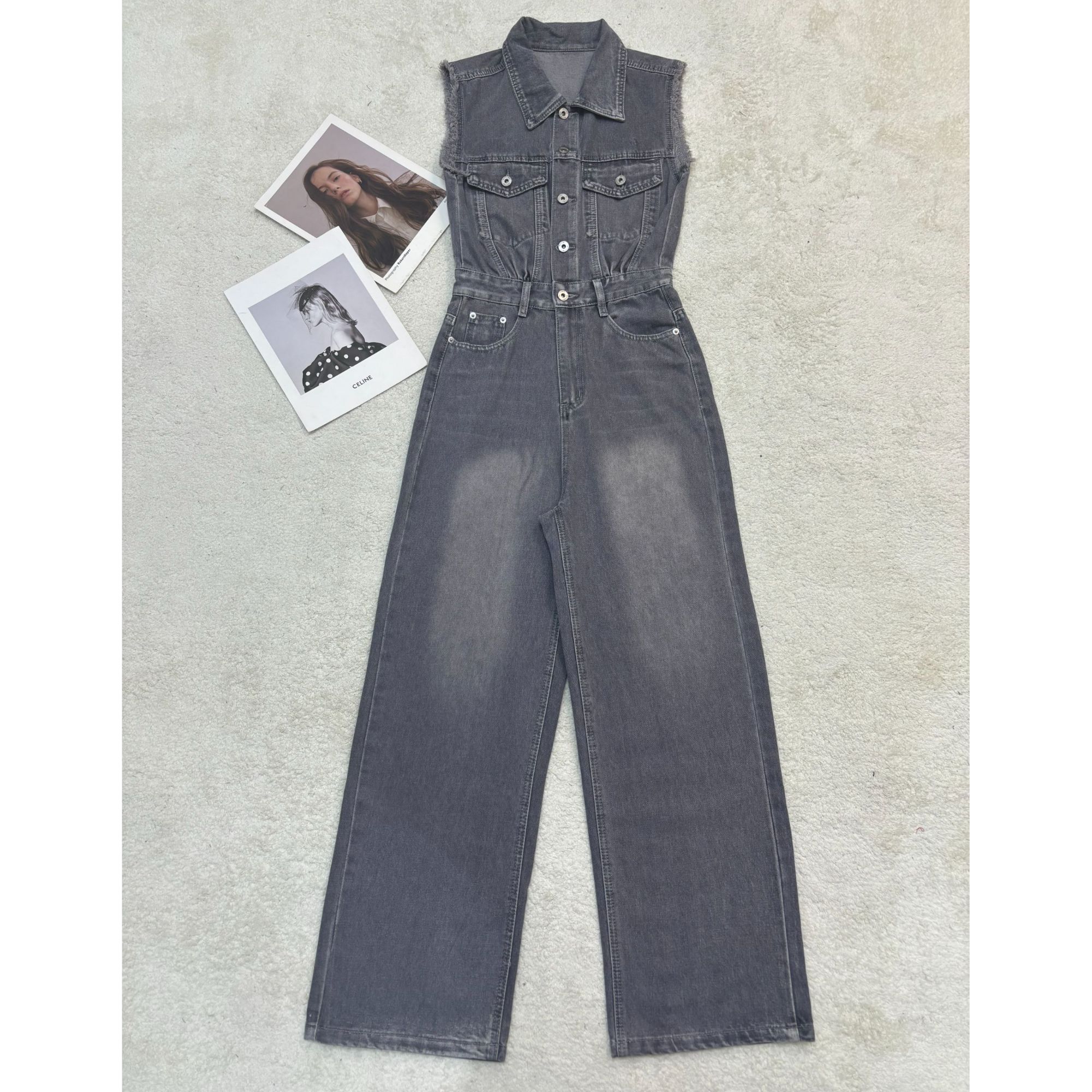 2025早春新品坎袖毛边高腰直筒牛仔连体裤25658