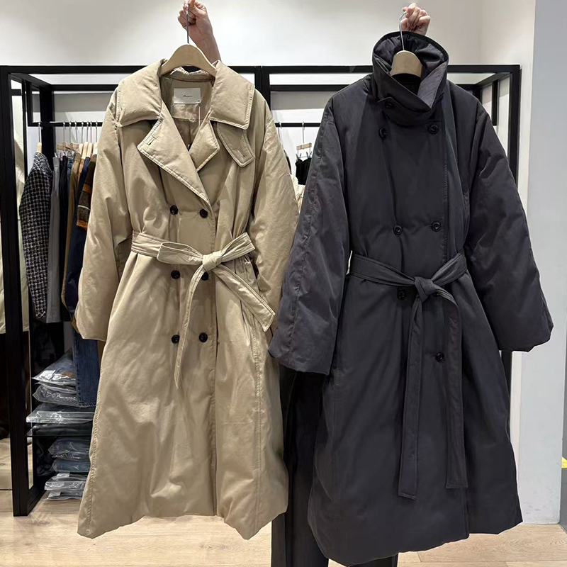 bruni韩国东大门25年冬季鹅绒长款羽绒服双排扣厚实绑带收腰显瘦