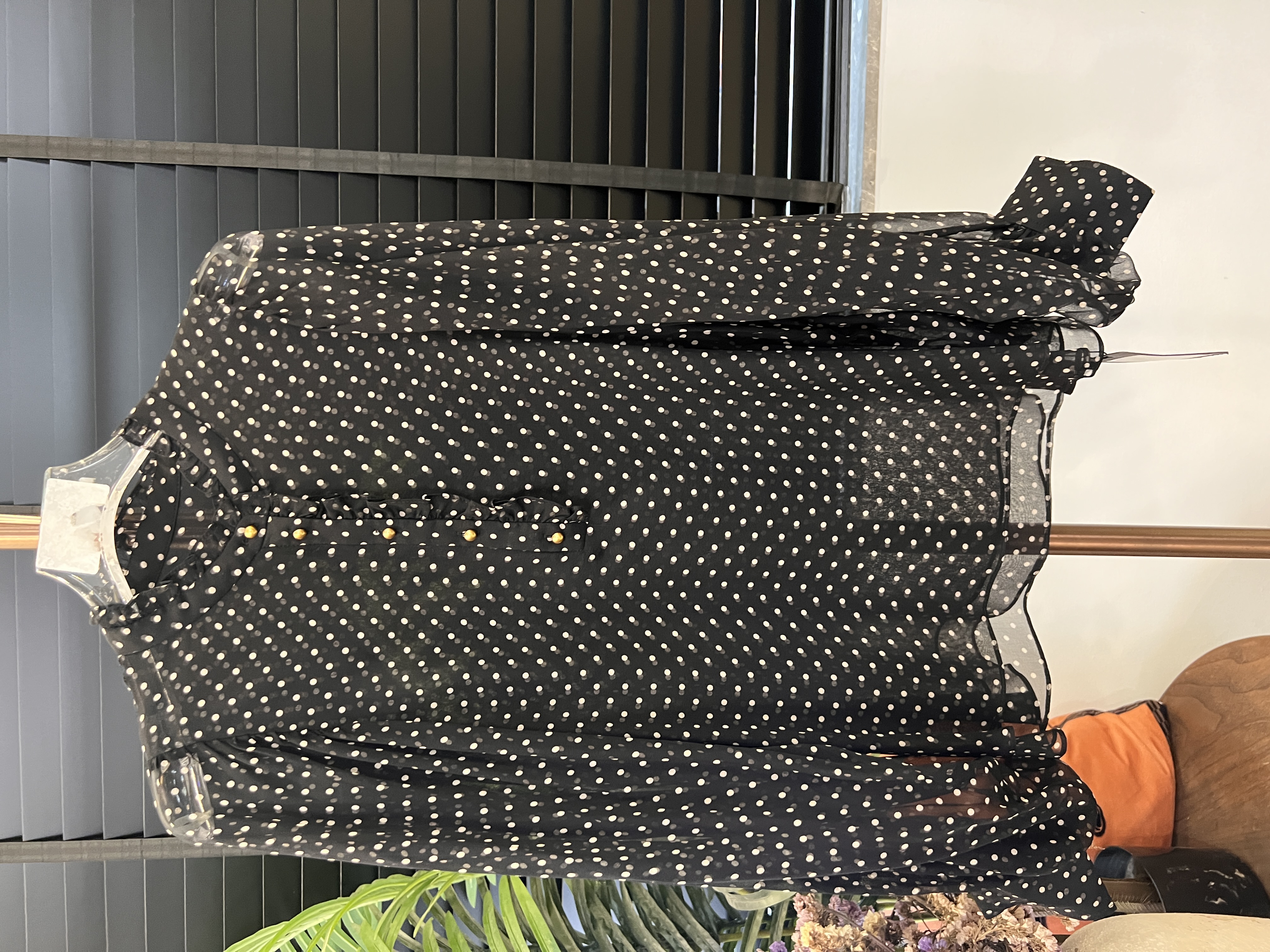 夏季拼接通勤木耳领长袖波点衬衫休闲风立领直筒型