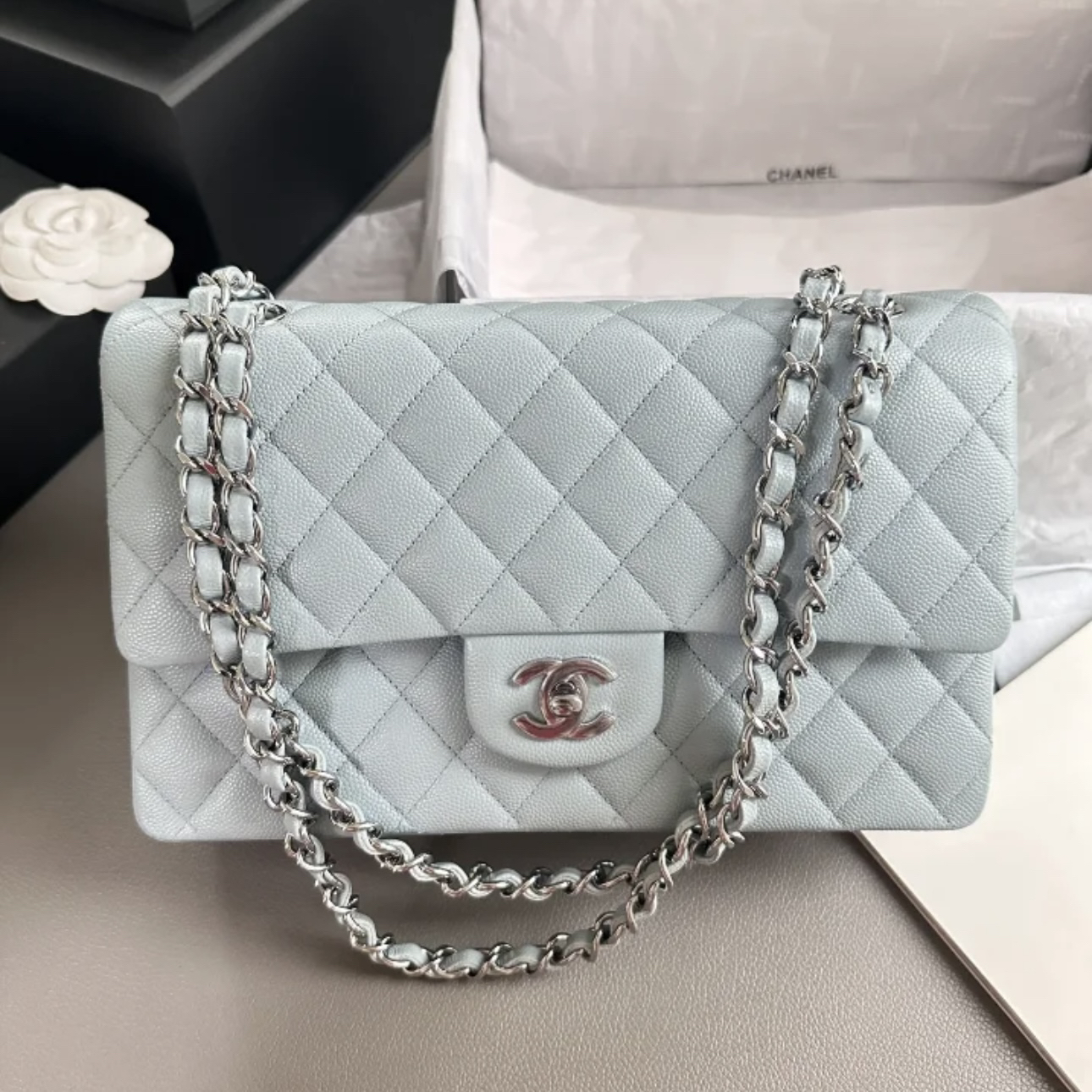 99新 Chanel/香奈儿 8197 冰川蓝银扣cf双盖单肩包中号芯片款