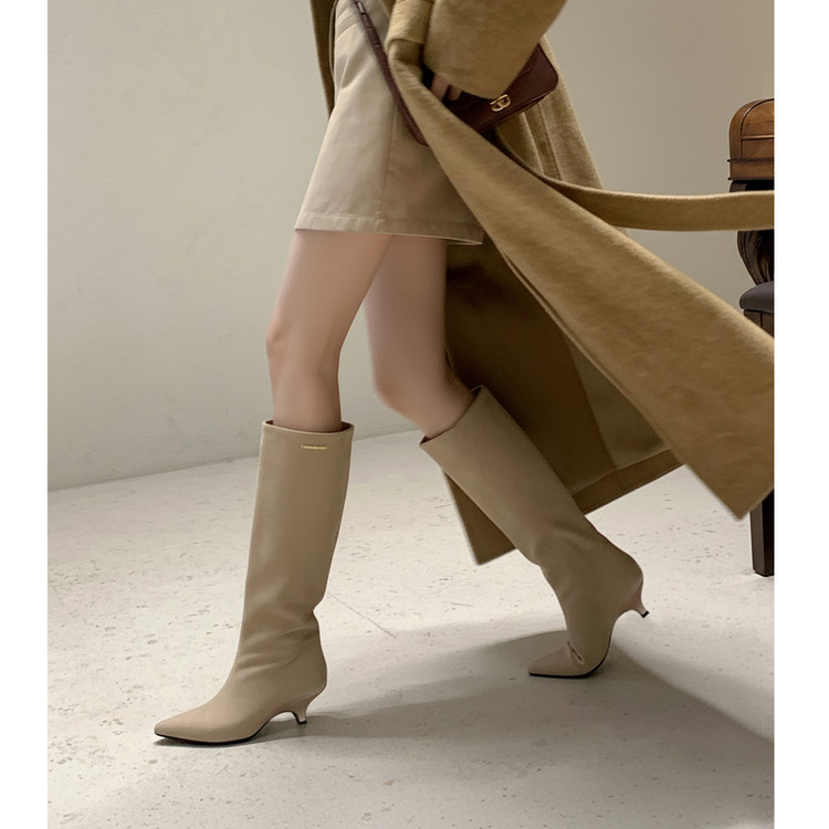【奢品】牛翻皮5.5cm小猫跟尖头显瘦藏肉不过膝小个子高筒长靴女靴